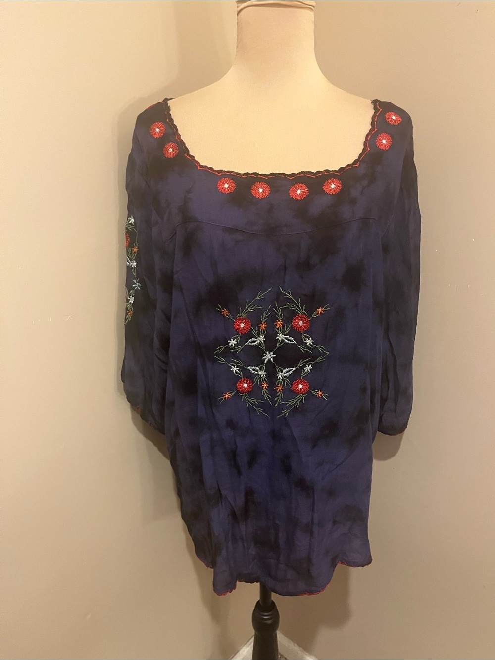 Navy Embroidered Peasant Tunic with Red Floral Detail, 2X